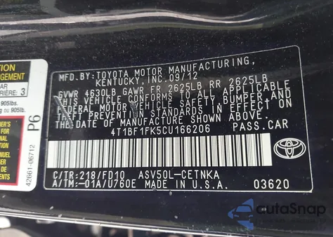 2012 Toyota Camry Le from USA, damaged, VIN 4T1BF1FK5CU166206